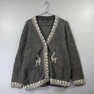 Alpaca Sweater Womens Large Gray Alpaca Llama Cardigan Fair Isle Knit Peru